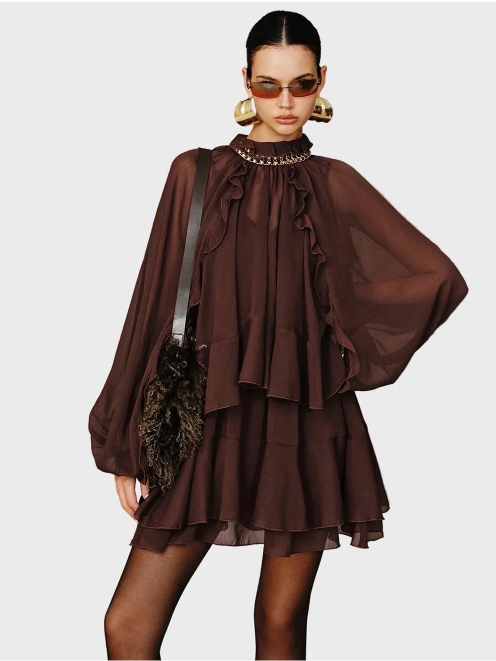 Commense Tiered Ruffle Chiffon Mini Dress Set with Liner in Burgundy (XL - NWOT)
